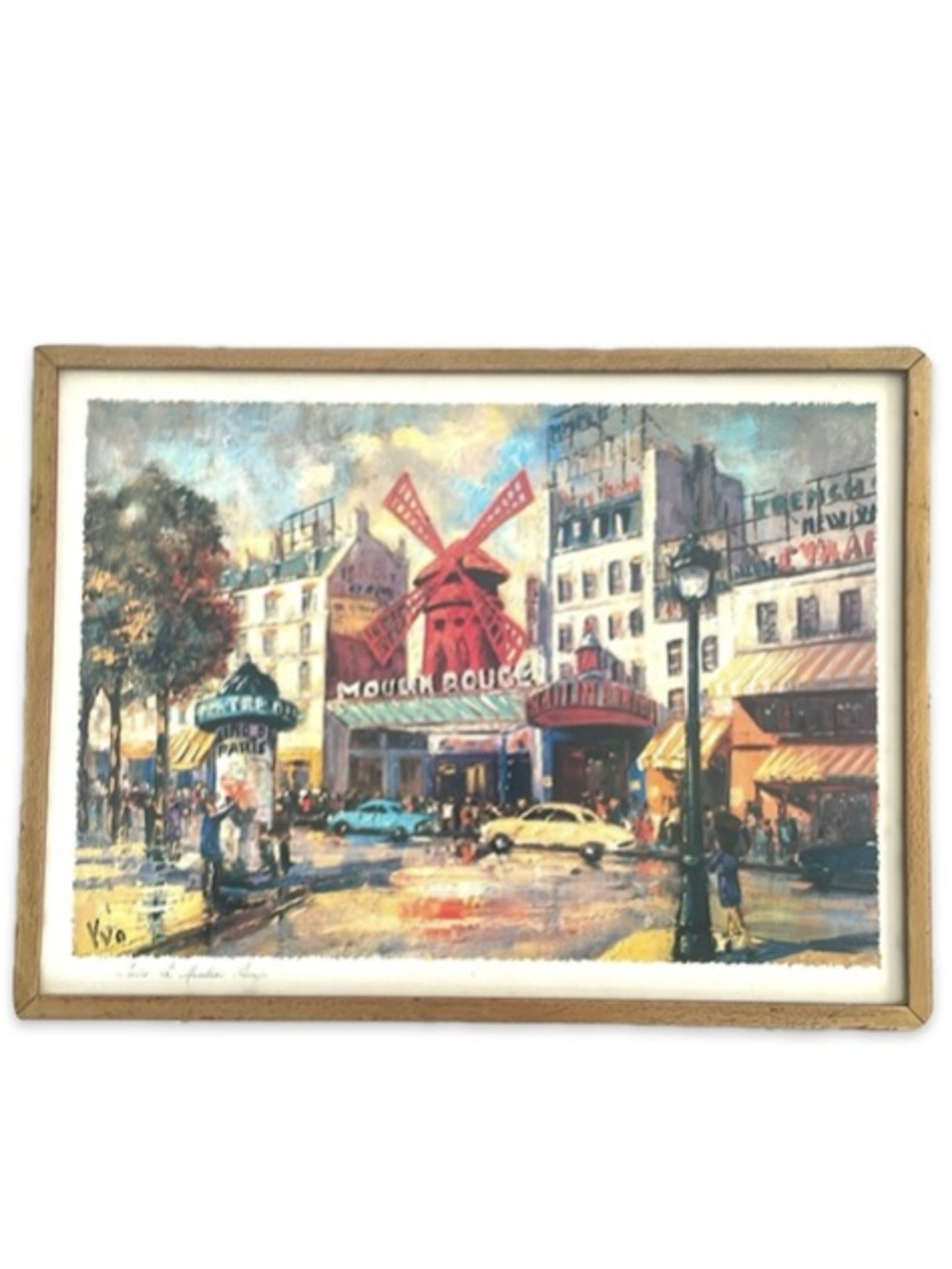 Vintage Paris Le Moulin Rouge Art Print Signed YVO Antique Gold Wood Frame 15x2